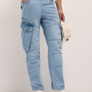 light blue mid rise straight fit cargo jeans with utility pockets