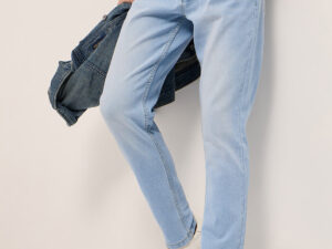 mid blue mid rise slim fit jeans with light fade