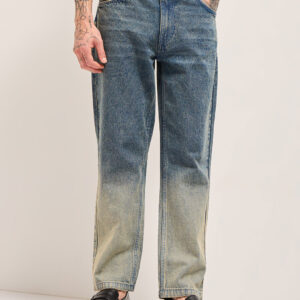 mid blue mid rise straight fit jeans with heavy gradient fade