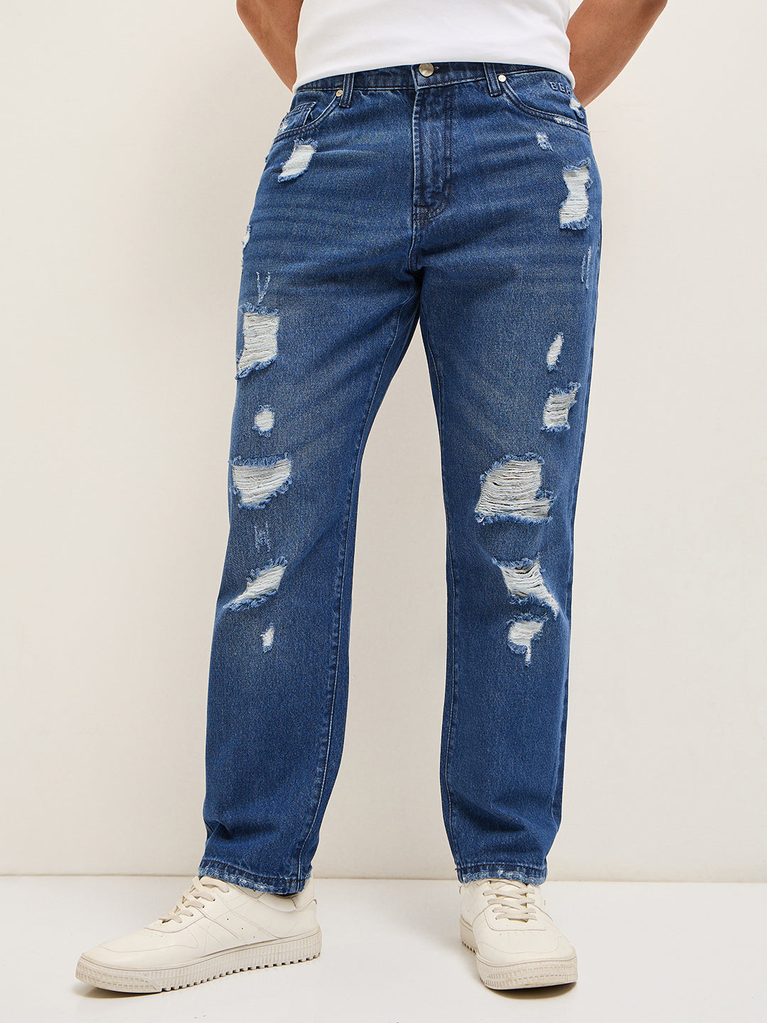 blue with light fade high distressed mid rise relaxed fit jeans blue with light fade high distressed mid rise relaxed fit jeans