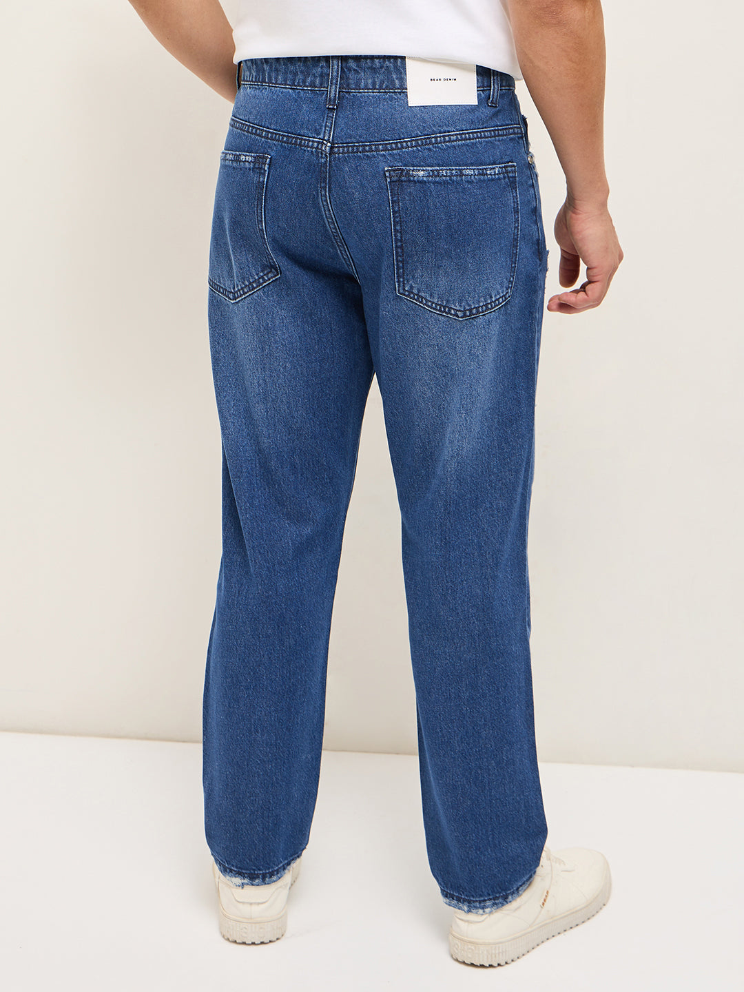 blue with light fade high distressed mid rise relaxed fit jeans blue with light fade high distressed mid rise relaxed fit jeans