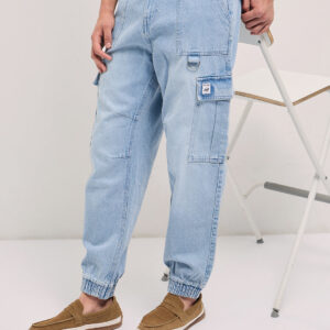 light blue baggy fit jogger style jean with cargo pockets