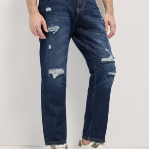 dark blue with light fade high distressed mid rise relaxed fit jeans