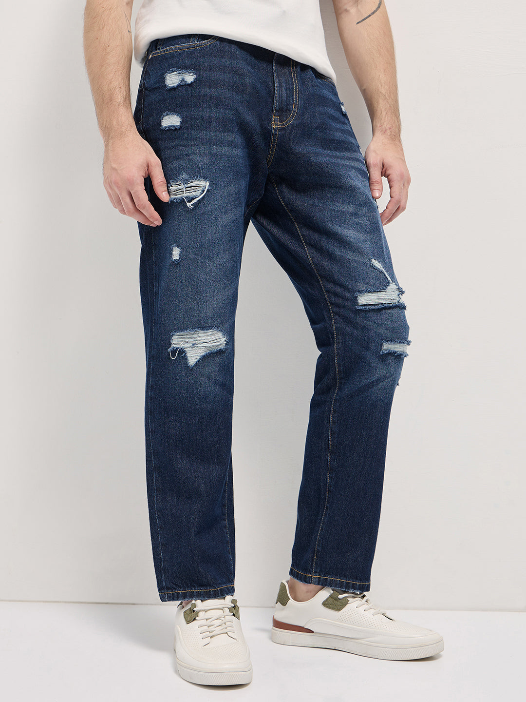 dark blue with light fade high distressed mid rise relaxed fit jeans dark blue with light fade high distressed mid rise relaxed fit jeans