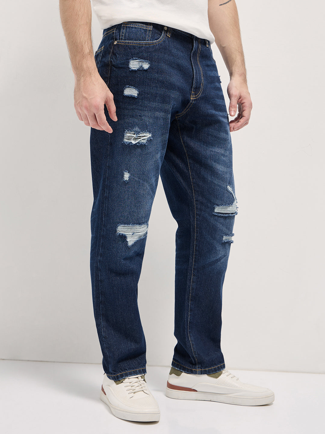 dark blue with light fade high distressed mid rise relaxed fit jeans dark blue with light fade high distressed mid rise relaxed fit jeans