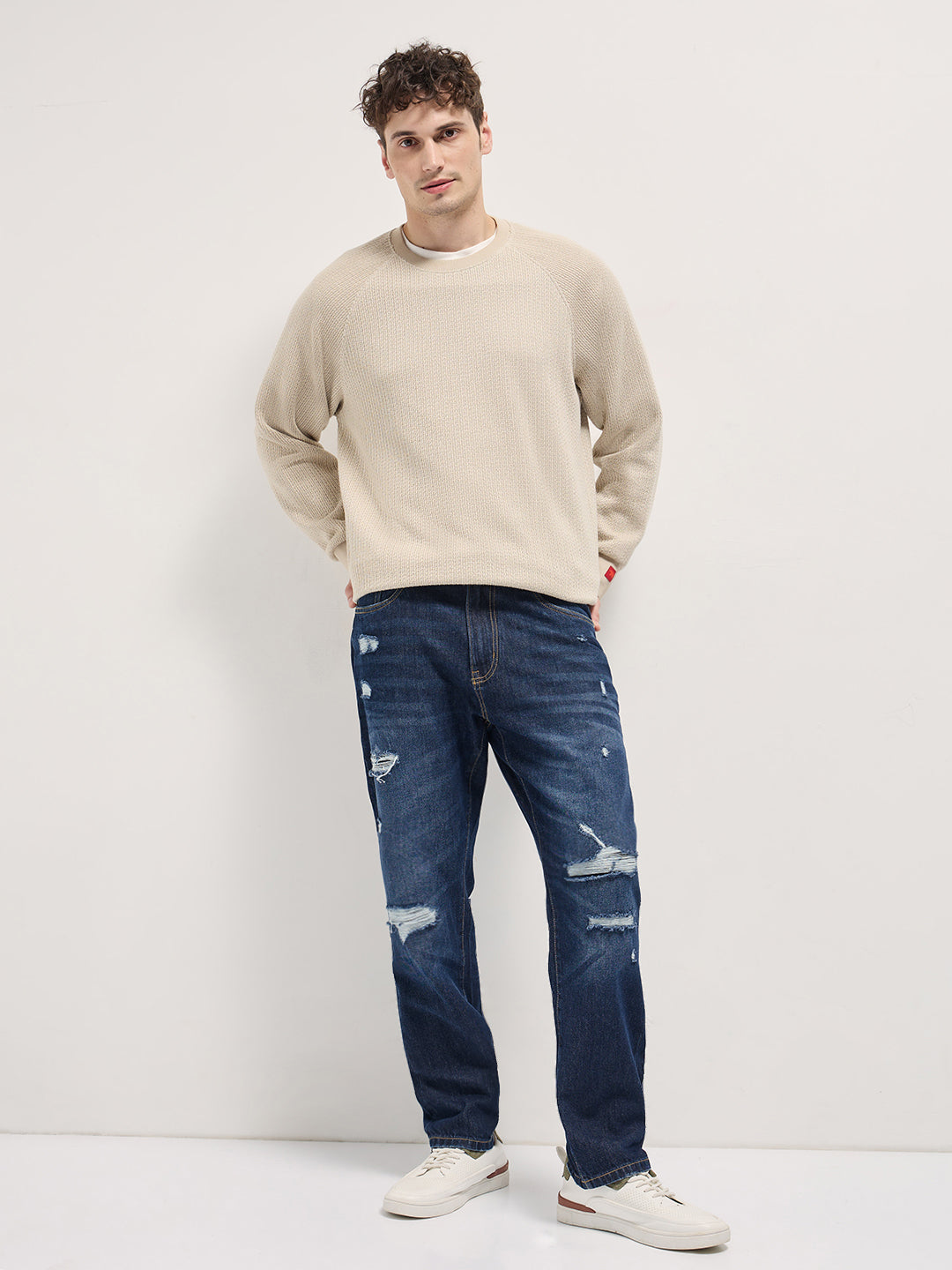 dark blue with light fade high distressed mid rise relaxed fit jeans dark blue with light fade high distressed mid rise relaxed fit jeans