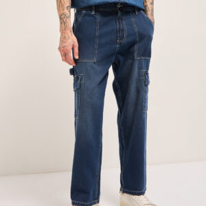 dark blue with mid fade mid rise baggy fit cargo jeans