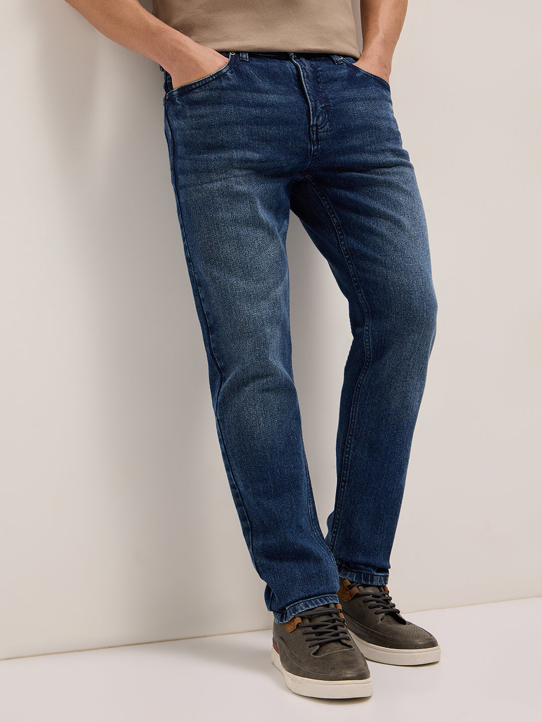 mid blue mid rise slim fit jeans with light fade mid blue mid rise slim fit jeans with light fade