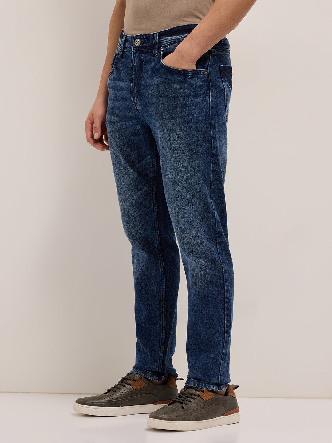 mid blue mid rise slim fit jeans with light fade mid blue mid rise slim fit jeans with light fade