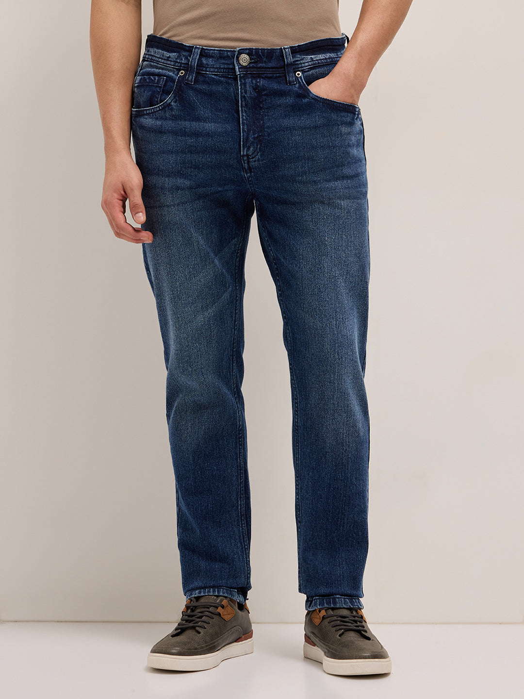 mid blue mid rise slim fit jeans with light fade mid blue mid rise slim fit jeans with light fade