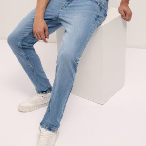 light blue mid rise slim fit jeans with light fade