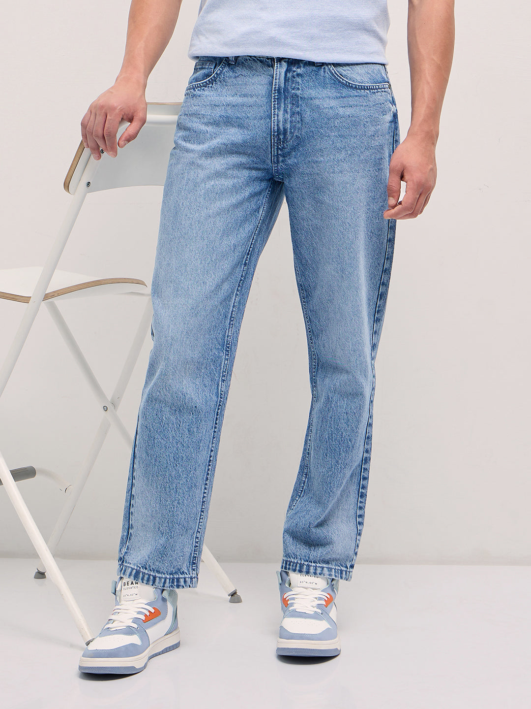 mid blue straight fit mid rise jean with light washed effect mid blue straight fit mid rise jean with light washed effect