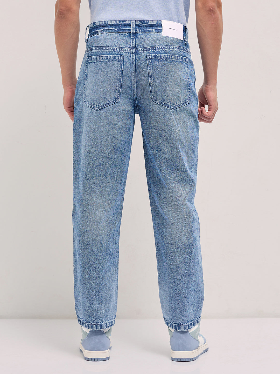 mid blue straight fit mid rise jean with light washed effect mid blue straight fit mid rise jean with light washed effect