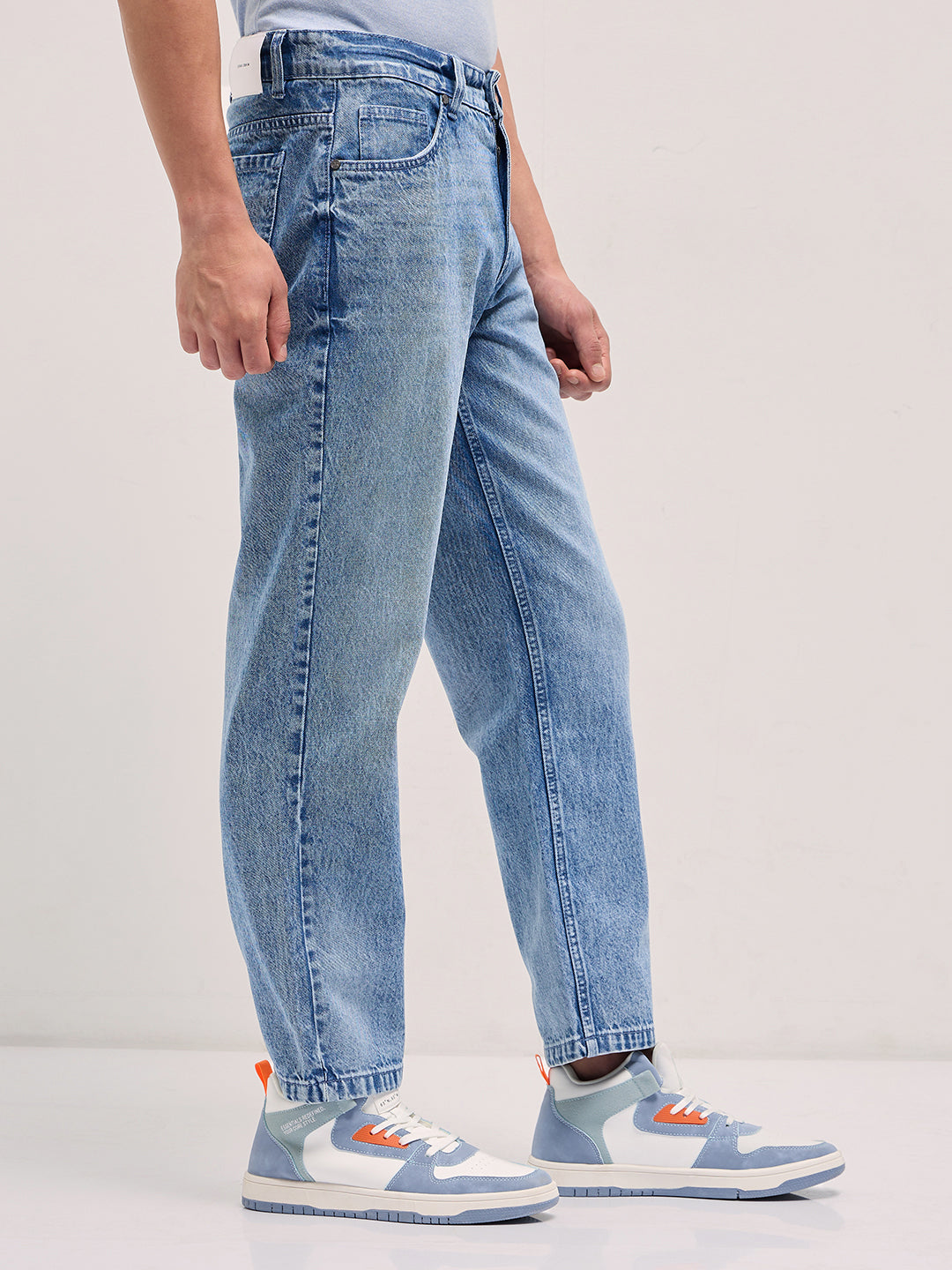mid blue straight fit mid rise jean with light washed effect mid blue straight fit mid rise jean with light washed effect