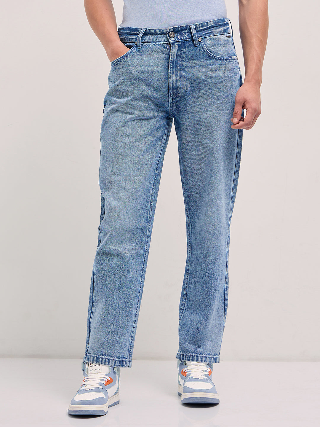 mid blue straight fit mid rise jean with light washed effect mid blue straight fit mid rise jean with light washed effect