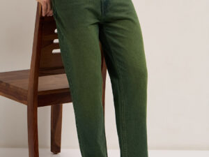 green mid rise straight fit jeans with heavy washed effect
