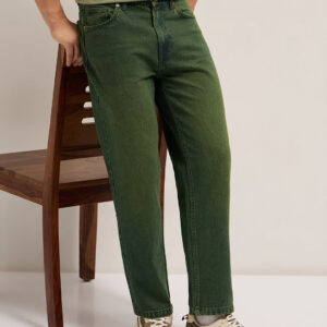 green mid rise straight fit jeans with heavy washed effect