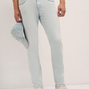 ice blue mid rise slim fit jeans with light fade
