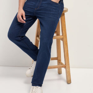 dark blue mid rise slim fit jeans with light fade