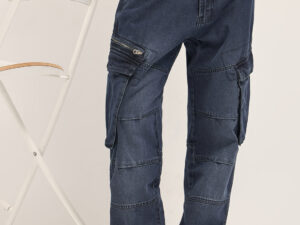 mid blue faded straight fit cargo denim with utility pockets