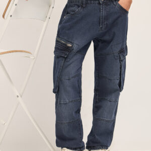 mid blue faded straight fit cargo denim with utility pockets