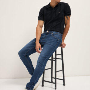 dark blue mid rise skinny fit jeans with mid fade