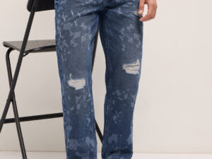 blue straight fit jeans with distressed & bleached effect
