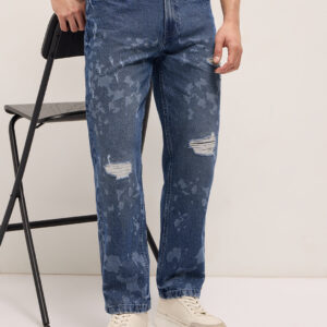 blue straight fit jeans with distressed & bleached effect