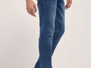 mid blue mid rise slim fit jeans with mid fade