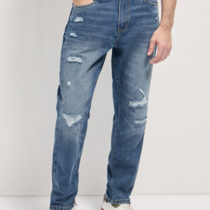 mid blue with light fade distressed mid rise relaxed fit jeans
