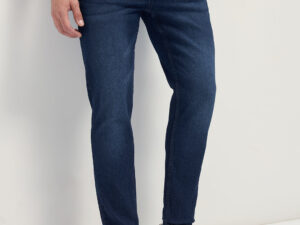 dark blue mid rise slim fit jeans with light fade