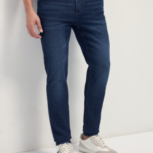 dark blue mid rise slim fit jeans with light fade