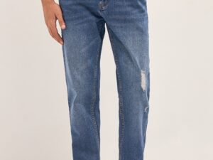 mid blue mid rise slim fit jeans with lightly distressed