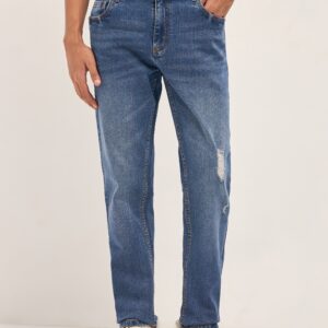 mid blue mid rise slim fit jeans with lightly distressed