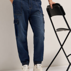dark blue baggy fit jogger style jean with cargo pockets