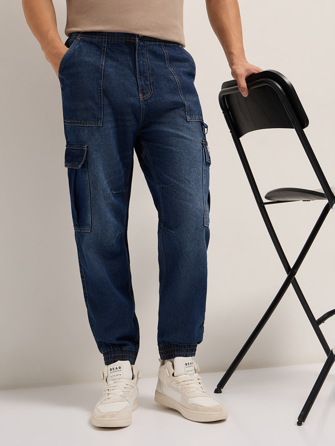 dark blue baggy fit jogger style jean with cargo pockets dark blue baggy fit jogger style jean with cargo pockets