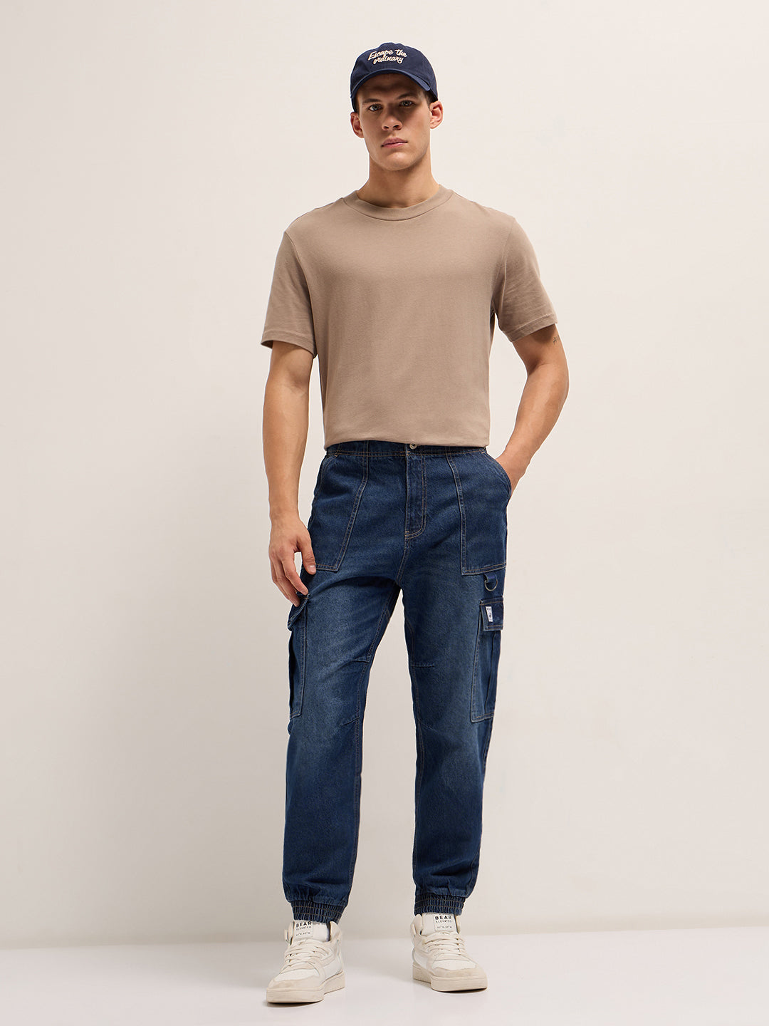 dark blue baggy fit jogger style jean with cargo pockets dark blue baggy fit jogger style jean with cargo pockets