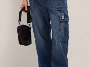 mid blue baggy fit jogger style jean with cargo pockets