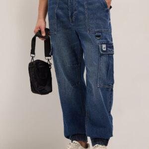mid blue baggy fit jogger style jean with cargo pockets