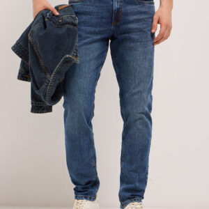 mid blue with light fade slim fit mid rise jeans
