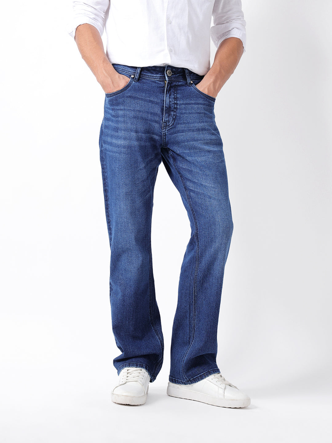 mid blue mid rise bootcut jeans with mid fade mid blue mid rise bootcut jeans with mid fade