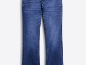 mid blue mid rise bootcut jeans with mid fade