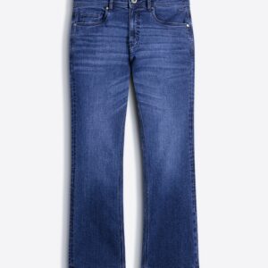 mid blue mid rise bootcut jeans with mid fade