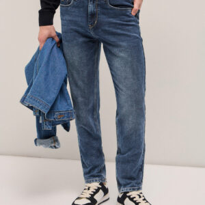 blue with light fade mid rise slim fit jeans