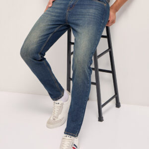 blue mid rise skinny fit jeans with mid fade