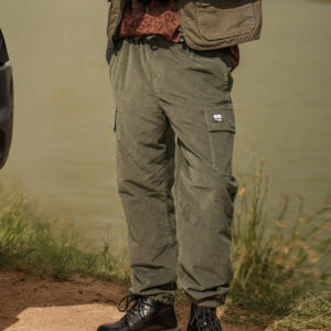 green solid baggy fit stylish corduroy cargo pant