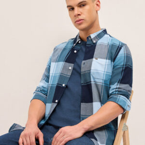 blue woven checked slim fit casual shirt