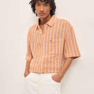peach vertical textured woven stripe relaxed fit casual shirt