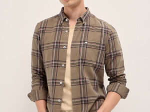 brown woven checked slim fit casual shirt