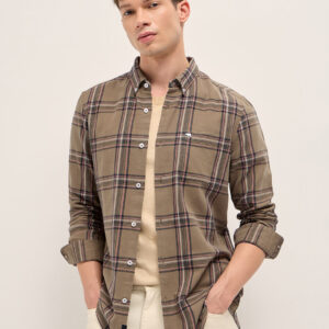 brown woven checked slim fit casual shirt